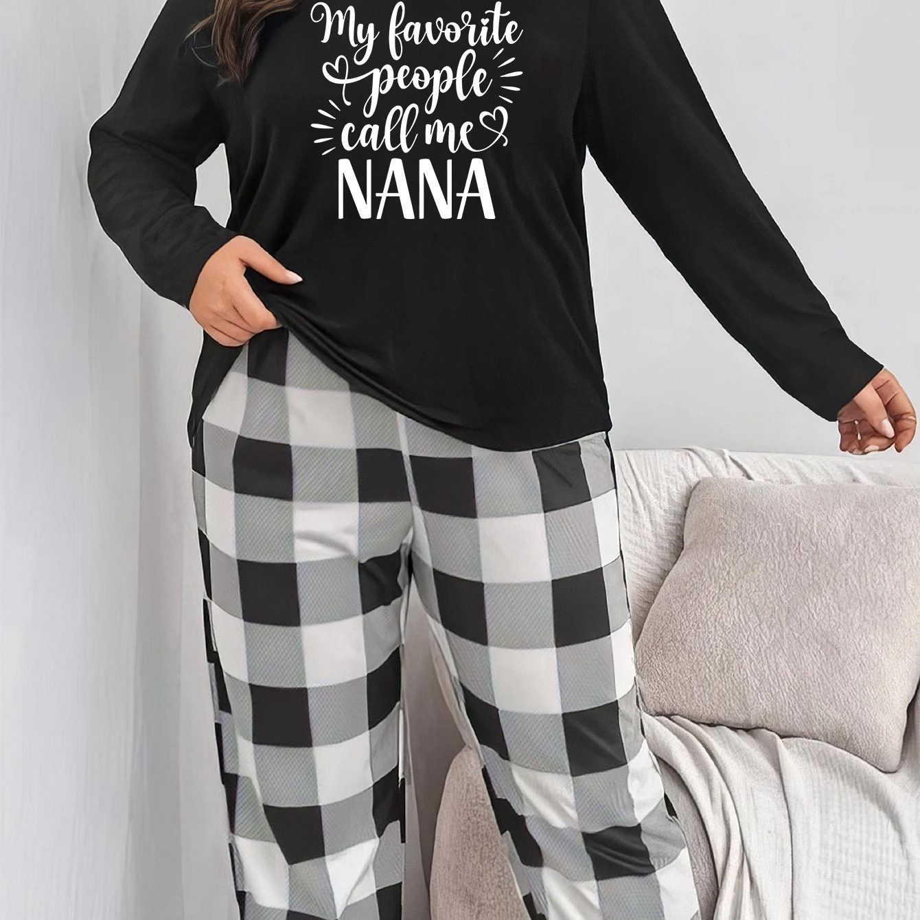  Colorblock Gingham & Slogan Print Pajama Set