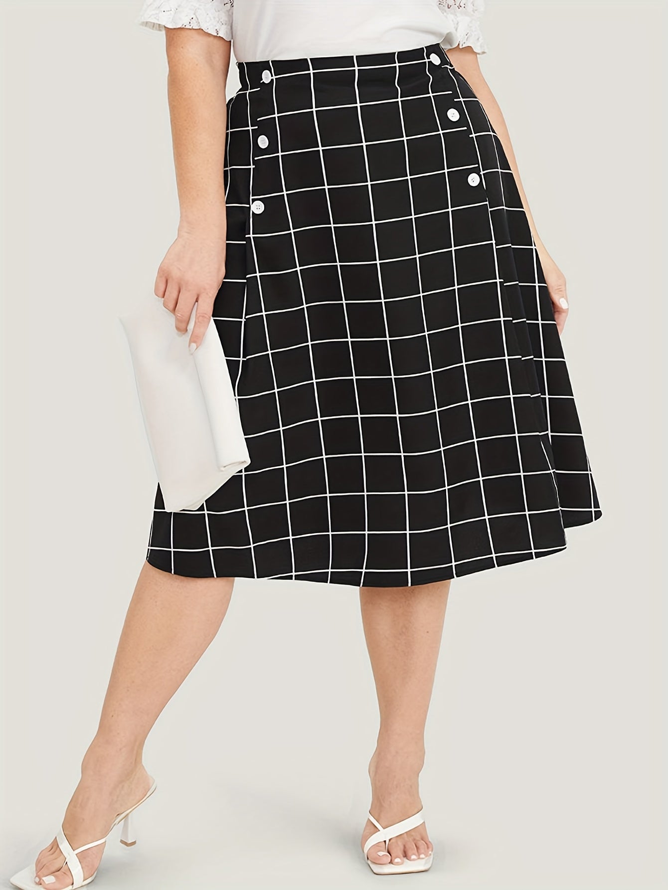  Grid Print Button Stretch Skirt