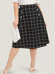  Grid Print Button Stretch Skirt