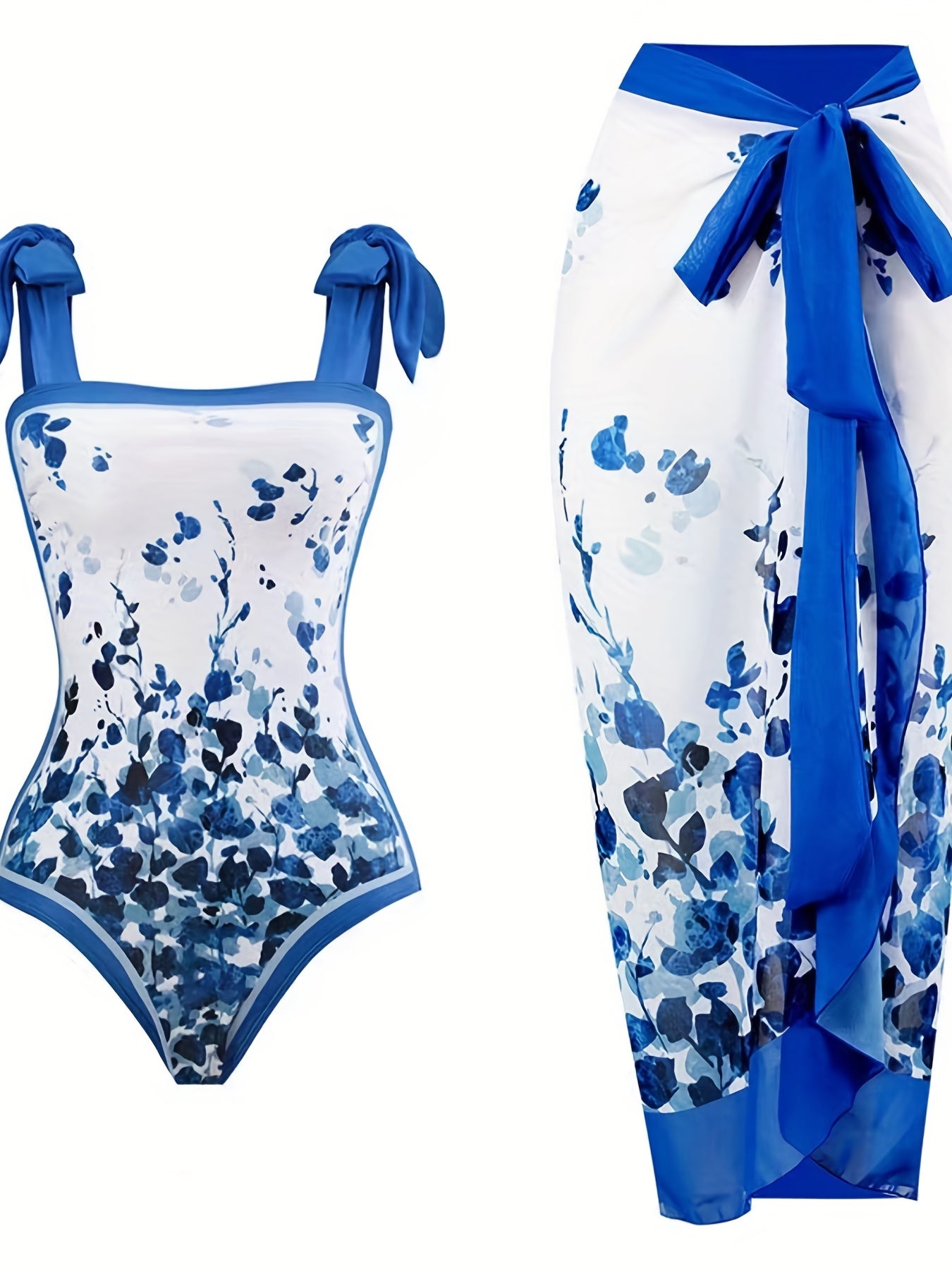  Floral Print Tankini Set One Piece Swimsuit & Wrap Skirt