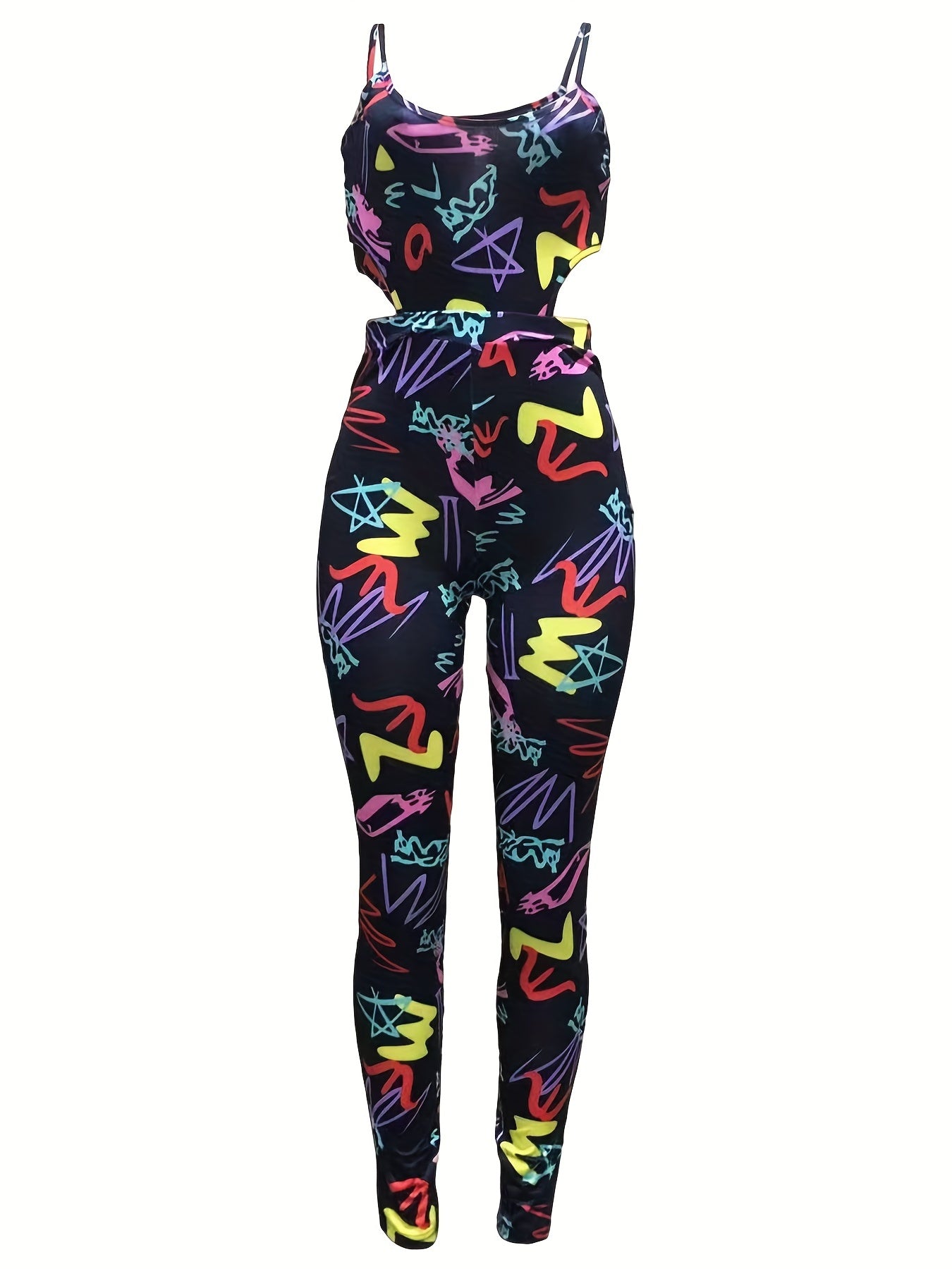 Graffiti Print Cut Out Jumpsuit Sexy Spaghetti Strap Sleeveless Jumpsuit