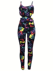 Graffiti Print Cut Out Jumpsuit Sexy Spaghetti Strap Sleeveless Jumpsuit