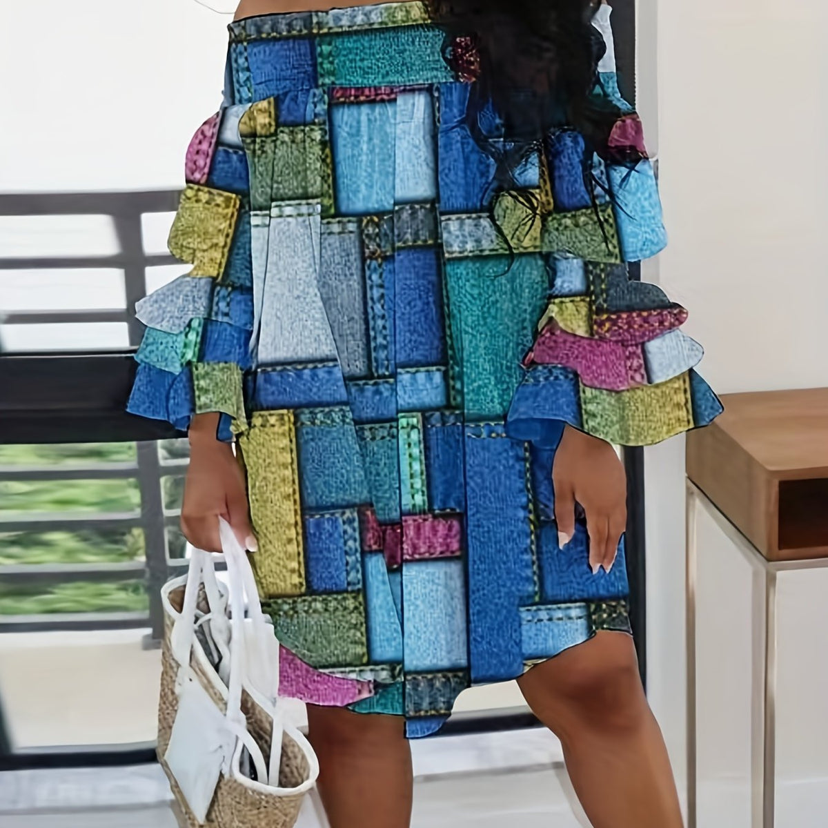  Denim Print Off Shoulder Dress