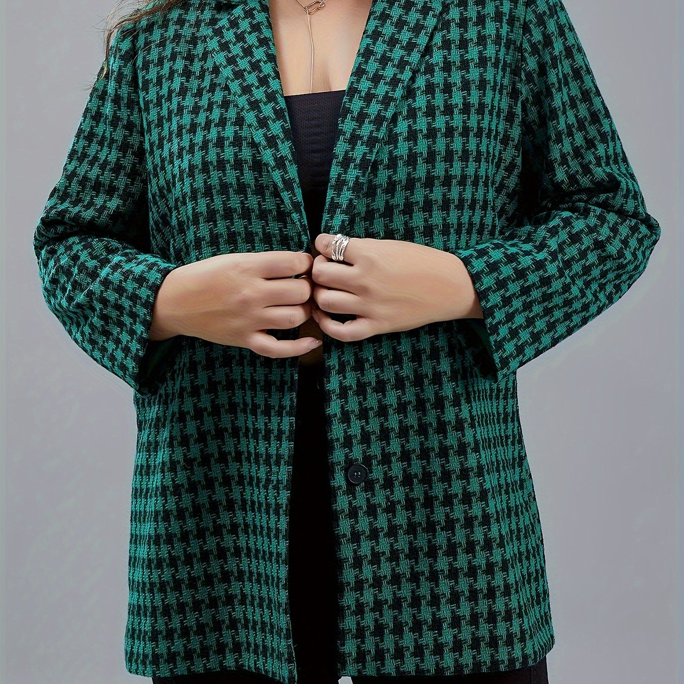  Houndstooth Print Long Sleeve Blazer