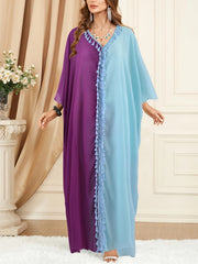 Casual Kaftan Dress Women's Plus Colorblock Tassel Trim Maxi Jalabiya