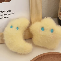 2pcs Fluffy Star & Moon Plush Keychain for Backpacks & Keys - Yellow