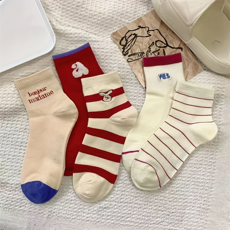 5 Pairs Letter & Striped Socks Women's Stockings