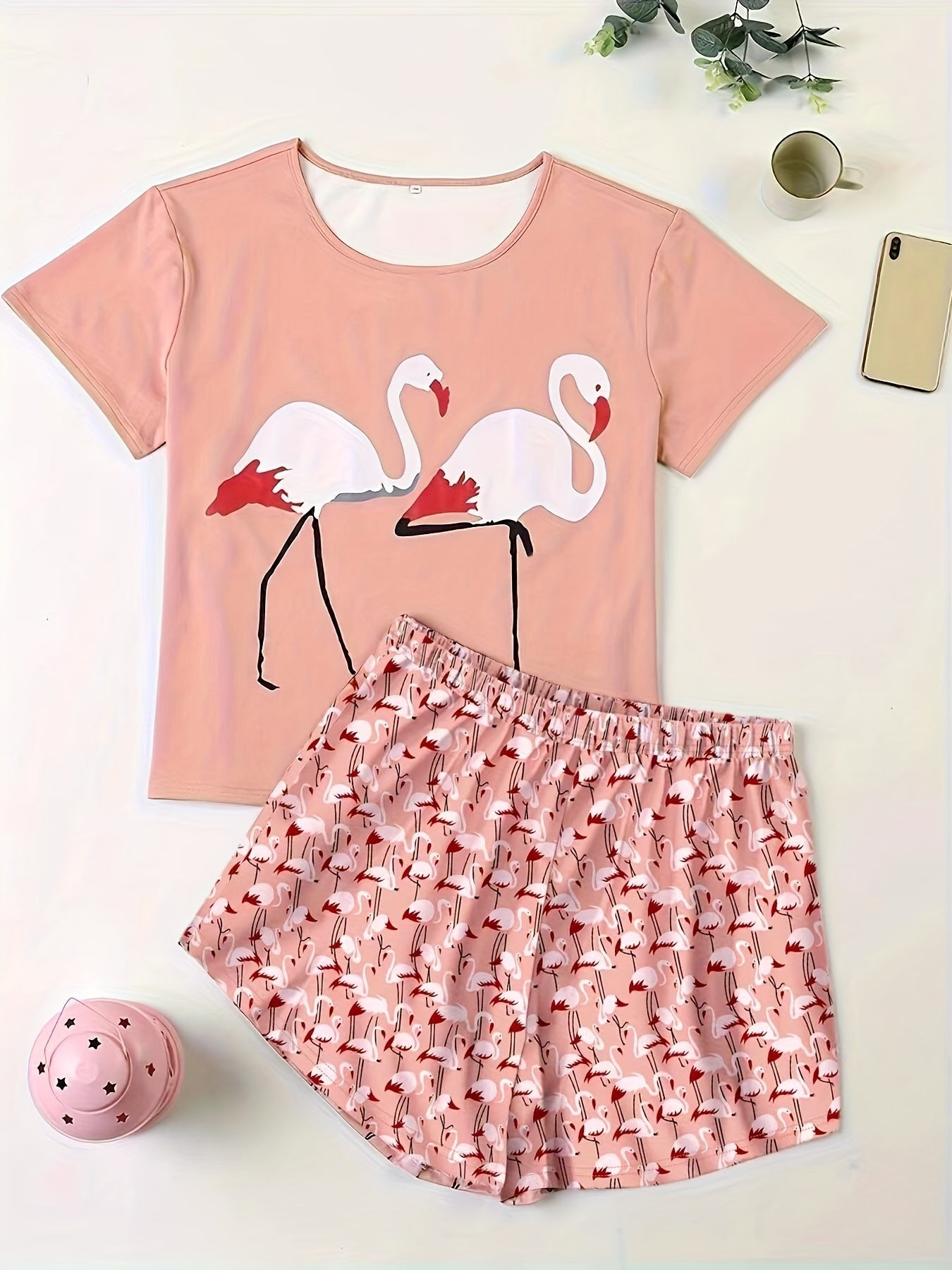  Flamingo Print Pajama Set Short Sleeve Top & Shorts Two Piece