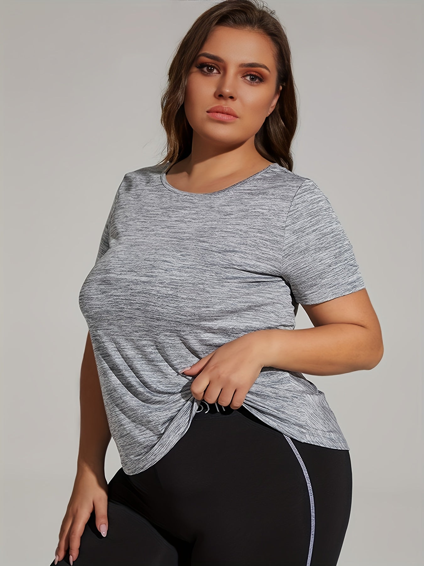  Heathered Round Neck Cut Out Twist Back High Stretch Fitness Top