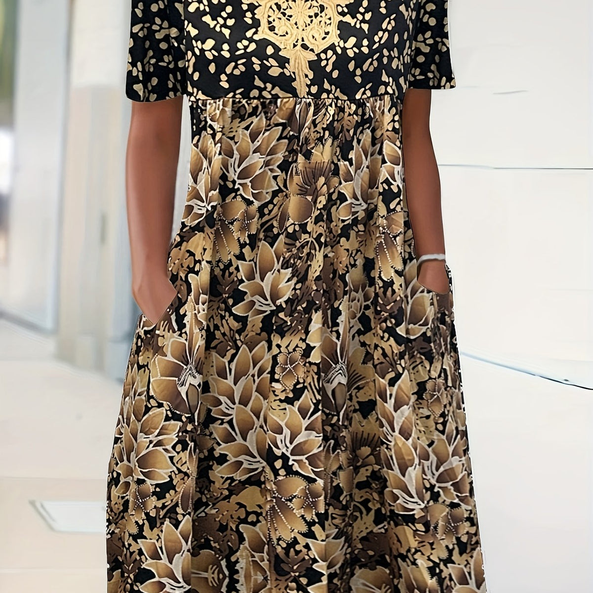  Floral Print Short Sleeve Notched Neck Dress With Pockets