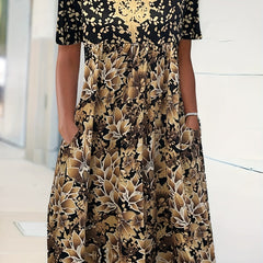  Floral Print Short Sleeve Notched Neck Dress With Pockets