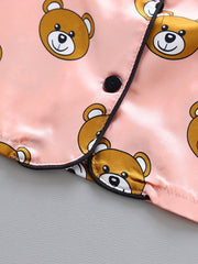 Bear Pattern Girl's Satin Pajamas Button Front Top & Shorts Set