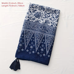 Navy Floral Print Scarf Tassel Shawl Boho Windproof Head Wrap Sunscreen