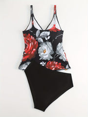  Floral Print V Neck Cami Top & Panty Bathing Suit 2 Piece Set