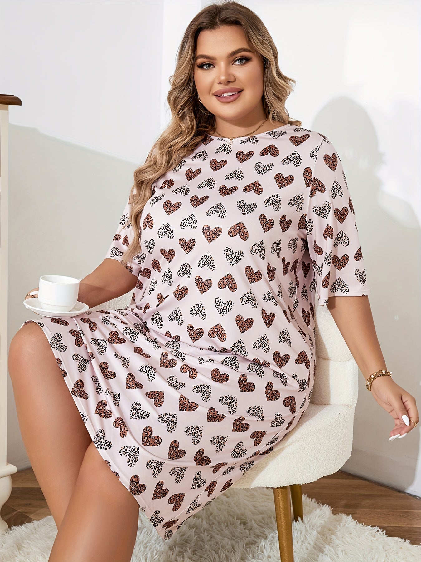 Leopard Heart Print Nightdress Short Sleeve