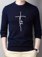 Faith Print Crew Neck Sweater Men's Casual Warm Pullover