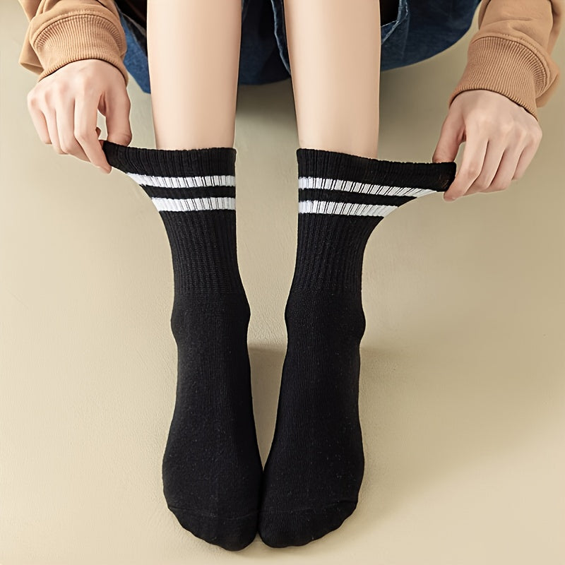 6 Pairs Women's Striped & Solid Mid Tube Socks