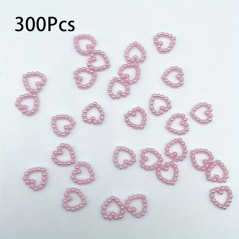 300Pcs Colorful Hollow Pearly Heart Pearl Nail Charm Acrylic Heart Decoration