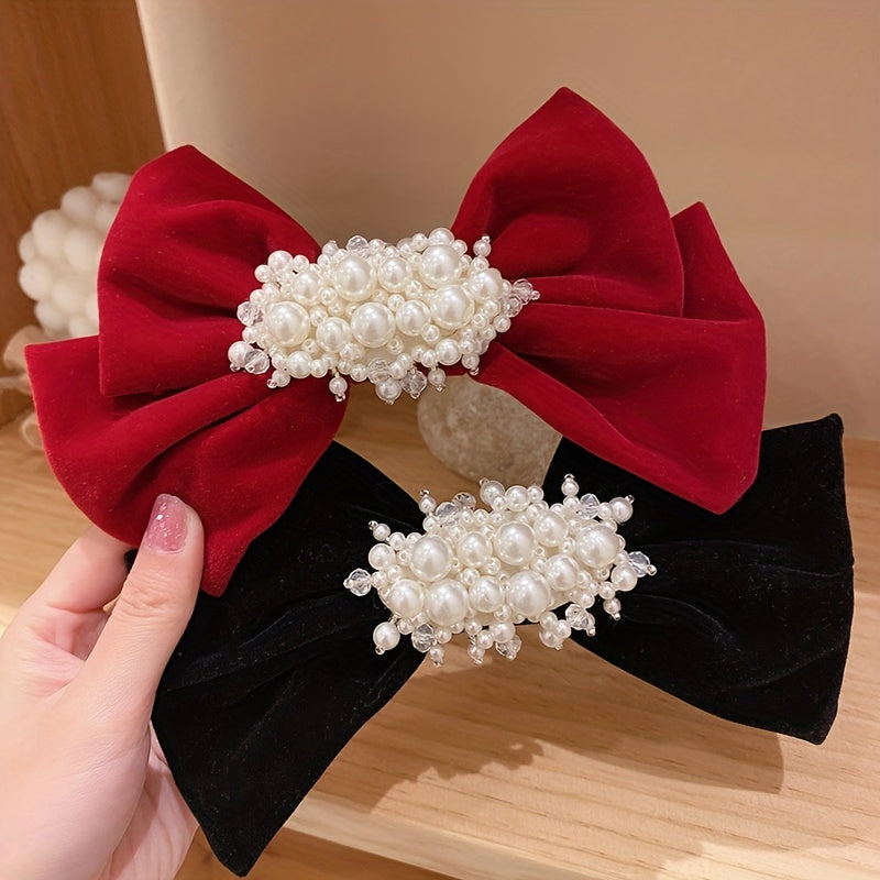 Bow & Faux Pearl Hair Clip Velvet Barrette Headwear