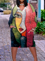 Women's Plus Face Print Long Sleeve V Neck Dress With Pockets