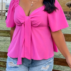  Casual Blouse Women's Plus Solid Short Sleeve Sweetheart Neck Knot Top