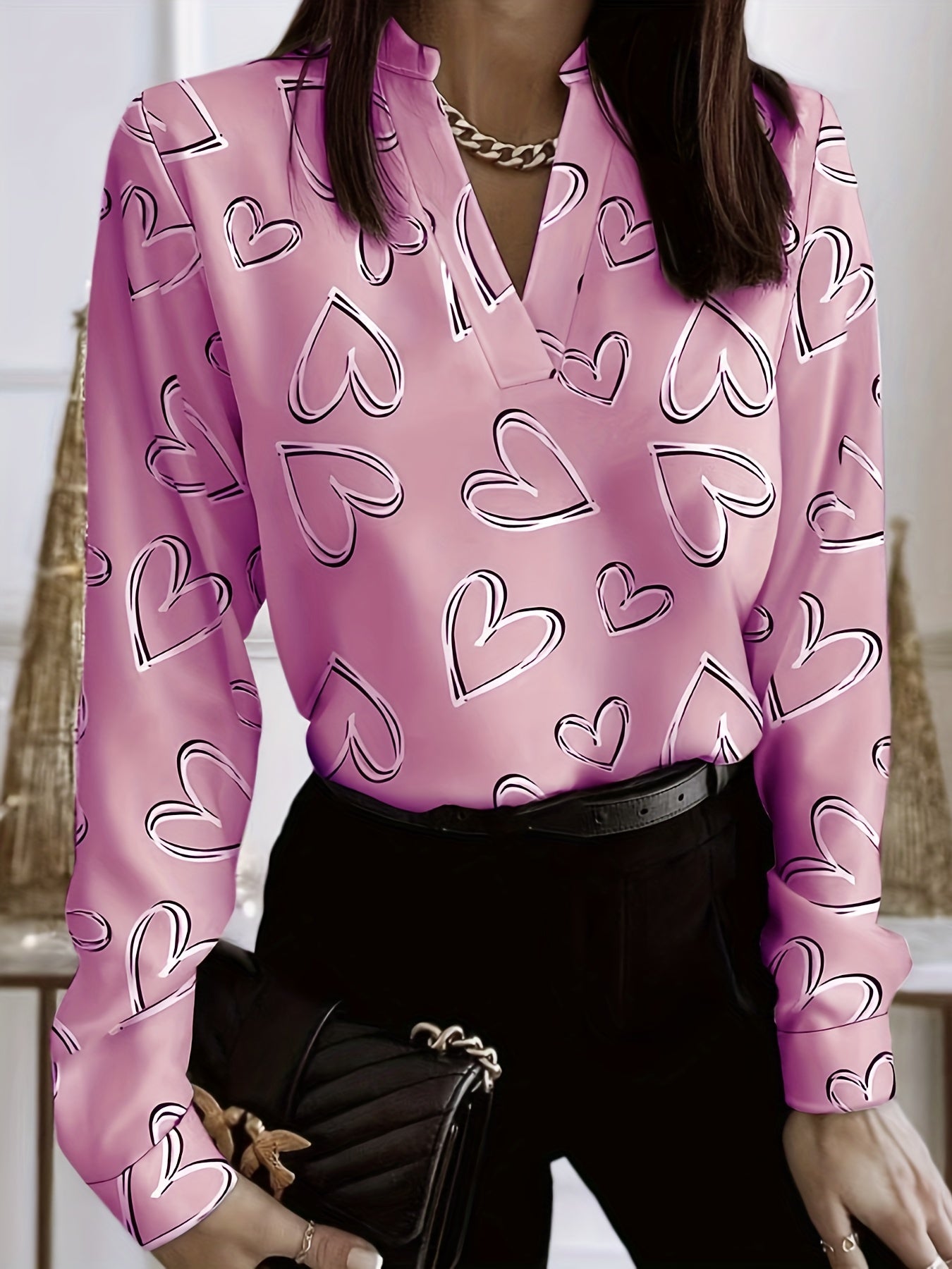  Heart Print Long Sleeve V Neck Blouse