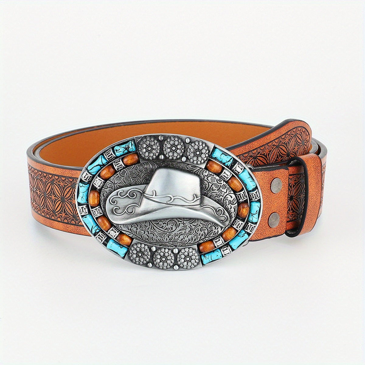 Western Cowboy Vintage Belt Embossed Leather Belt Bohemian Style Hat Buckle