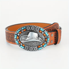 Western Cowboy Vintage Belt Embossed Leather Belt Bohemian Style Hat Buckle