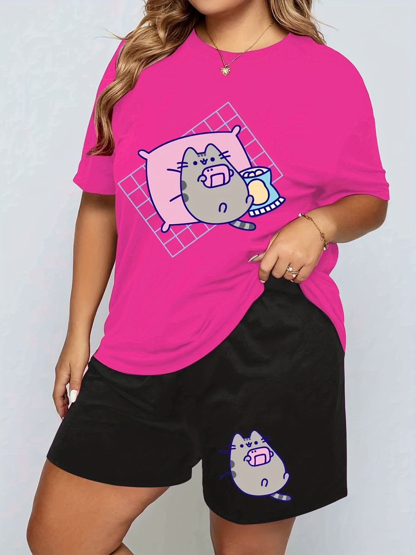  Cat Print Tee & Shorts Pajama Set