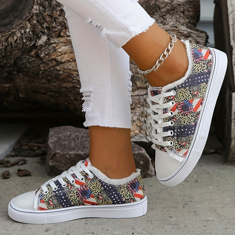 Women's Stars & Striped Print Low Round Toe Lace Up Flat Non slip Shoes