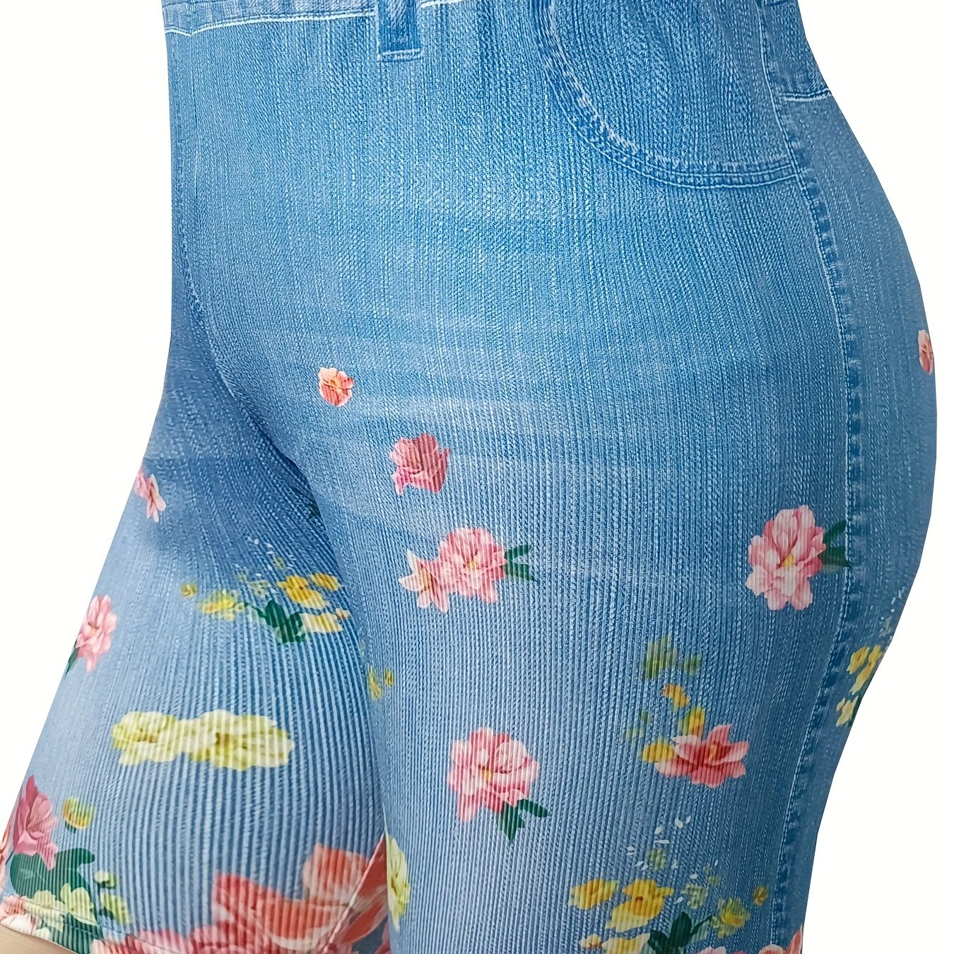  Denim & Floral Print High Rise Skinny Shorts