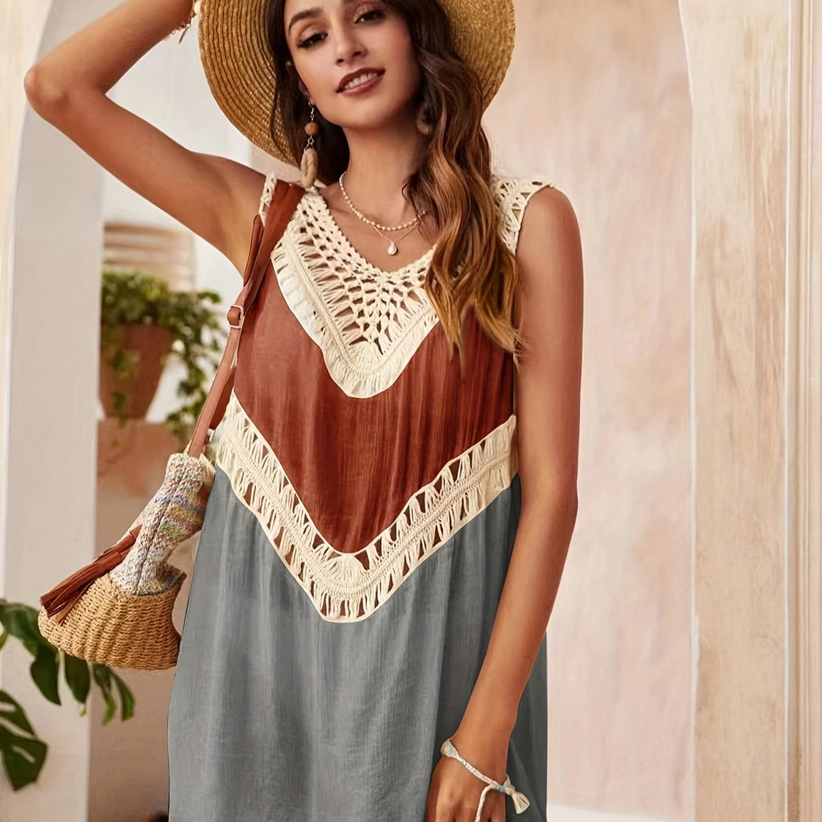 Colorblock Crochet Cover Up Shirt Hollow Out V Neck Casual Cover Dress