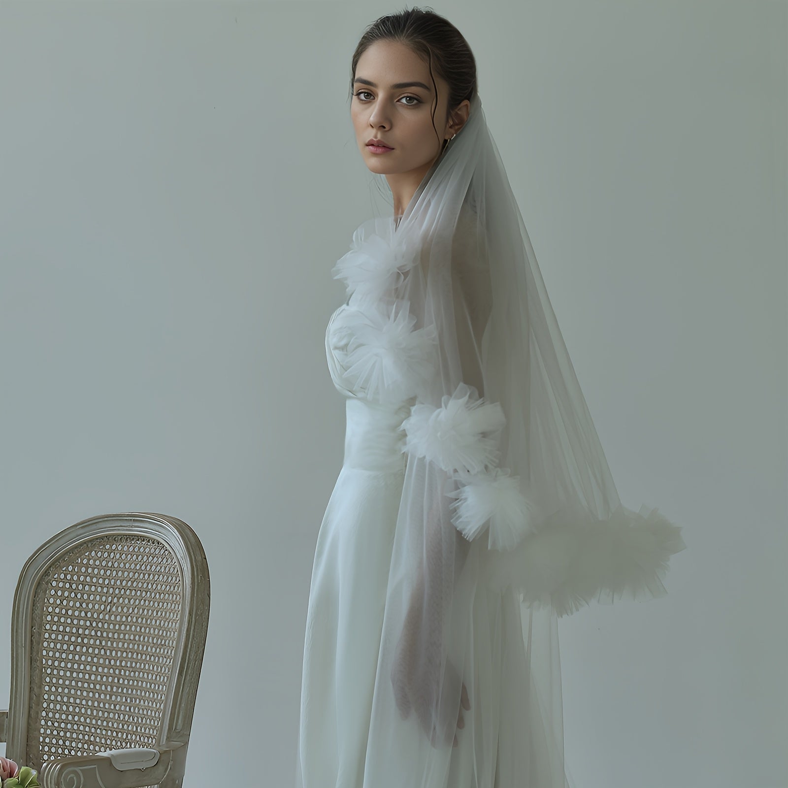 Double Layer Bridal Veil with Floral Edge, Hair Comb Romantic Wedding Accessory