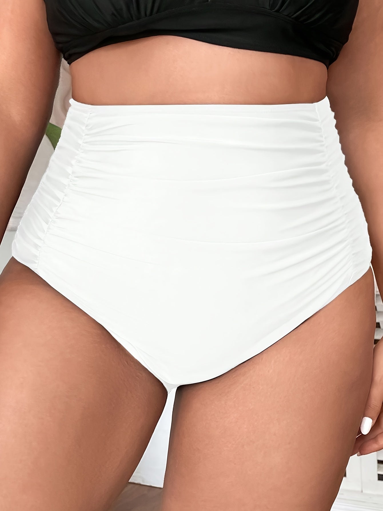  Solid Ruched Tummy Control Bikini Bottoms Women's Beachwear Panty