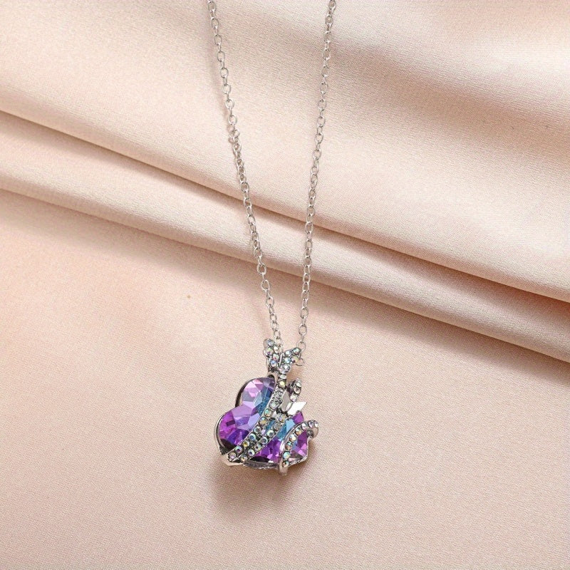 Butterfly Necklace Peach Heart Crystal Chain Clavicle