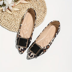 Leopard Print Flat Shoes Point Toe Dress Shoes Lightweight Square Buckle Decor
