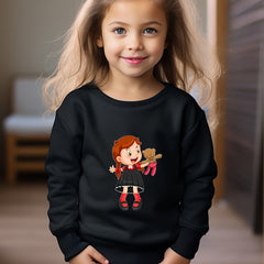 Anime Girl & Bear Doll Print Girls Sweatshirt Long Sleeve Crew Neck Tops