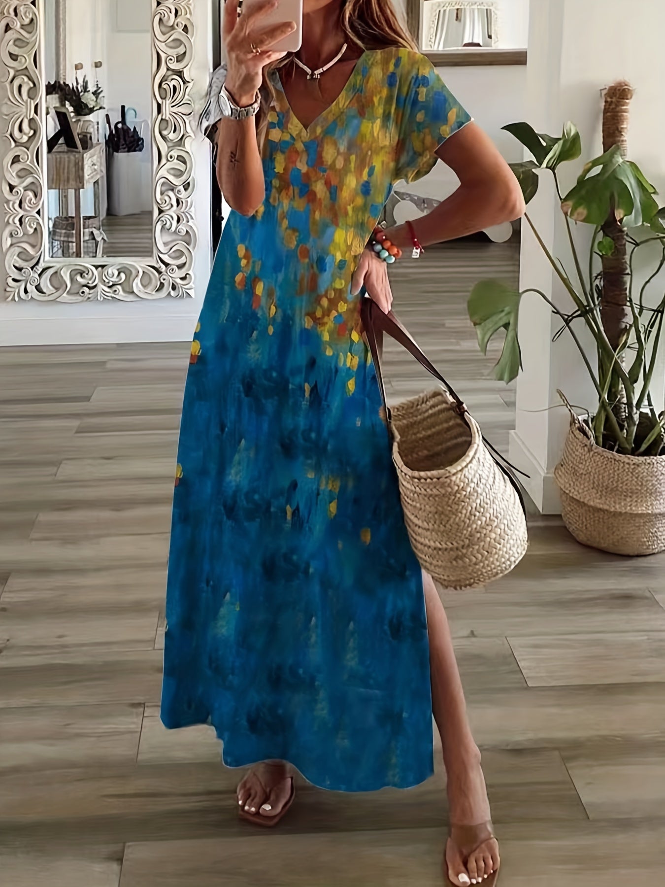 Floral Print V Neck Short Sleeve Boho Maxi Dress