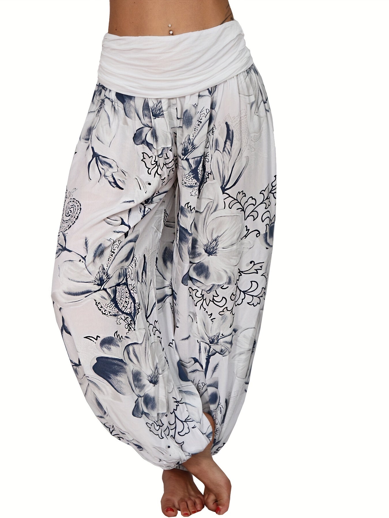 Boho Floral Print High Waist Baggy Harem Pants Women's Clothing