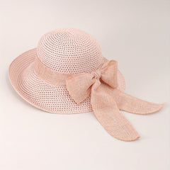 Straw Bucket Hat Bowknot Ribbon Solid Summer Beach Hat