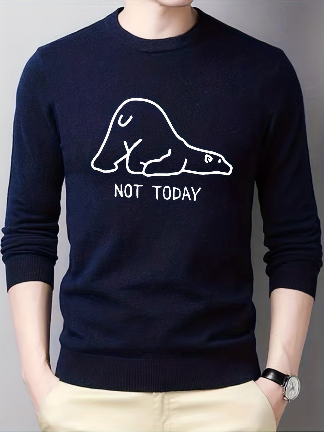 Polar Bear Print Knitted Sweater Men's Casual Crew Neck Pullover for Fall Winter