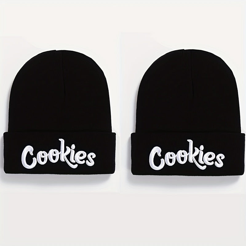 2pcs Letter Embroidery Beanie Cap Hip Hop Knit Hat Warm Skull Cap