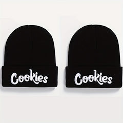 2pcs Letter Embroidery Beanie Cap Hip Hop Knit Hat Warm Skull Cap