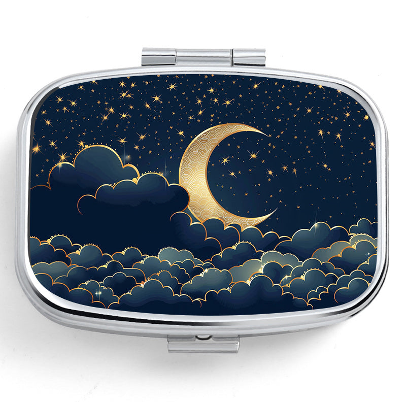 Celestial Night Sky Pill Box with Dual Compartments Metal Case for Travel