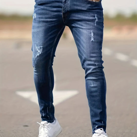 Slim Fit Tapered Jeans Mens Casual Street Style Distressed Denim Pants