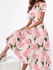 Women's Plus Floral Print Short Sleeve Midi Dress