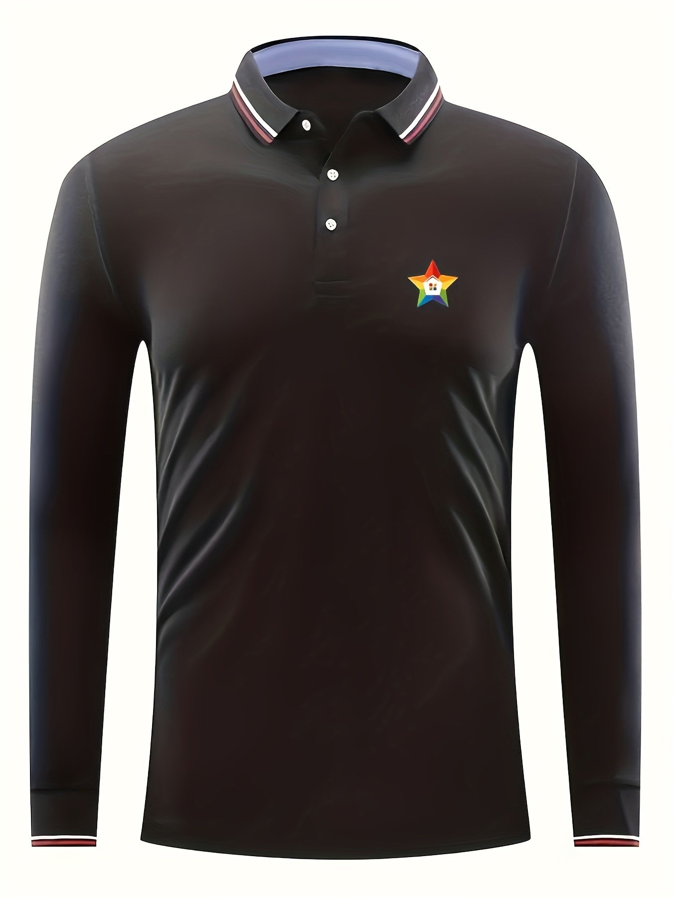 Men's Star Print Polo Shirt Casual Long Sleeve Button Up Shirt