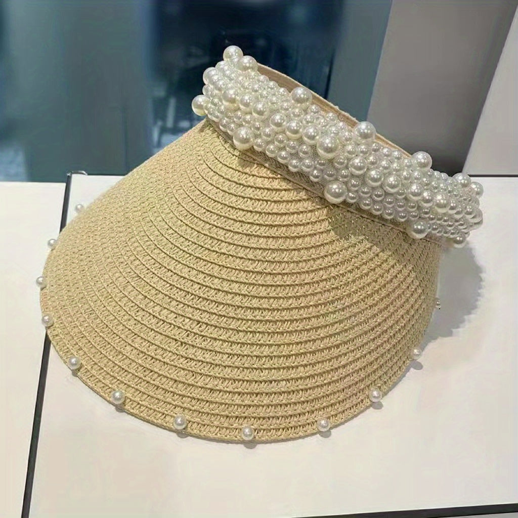 Straw Ponytail Sun Hat with Faux Pearl Decor