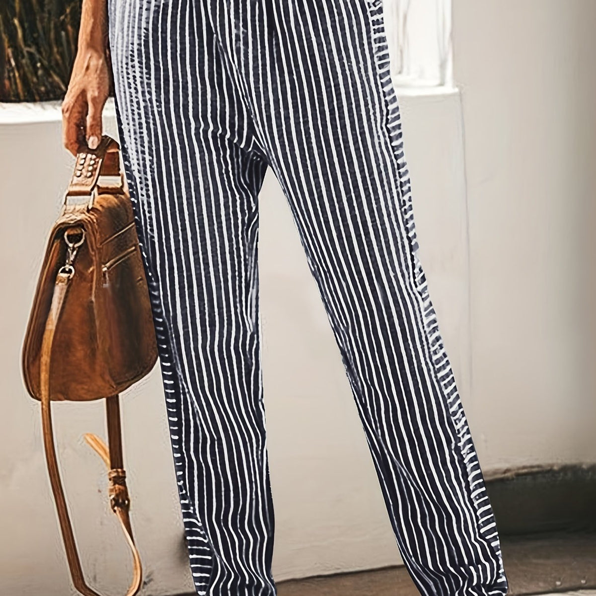 Striped Straight Leg Pants High Waist Drawstring