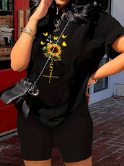 Women's Plus Sunflower & Letter Print Tee & Shorts Set